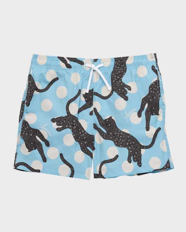 Boy's Polka Dot & Leopard-Print Swim Shorts, Size 4-12
